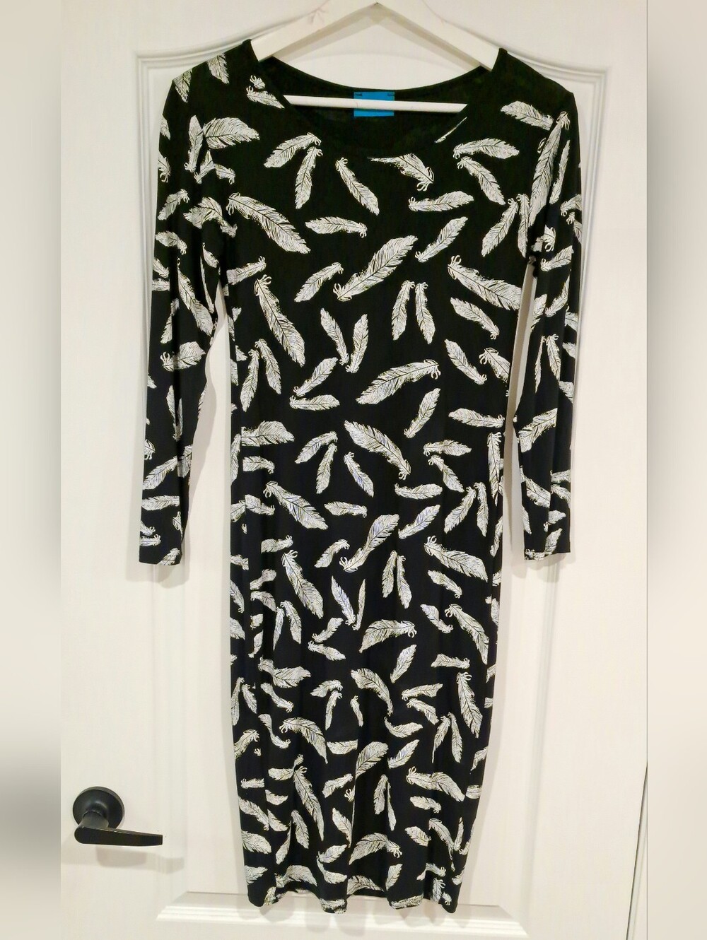 Black Feather Print 3/4 Sleeve Midi Dress Form Fitting - Made In UK